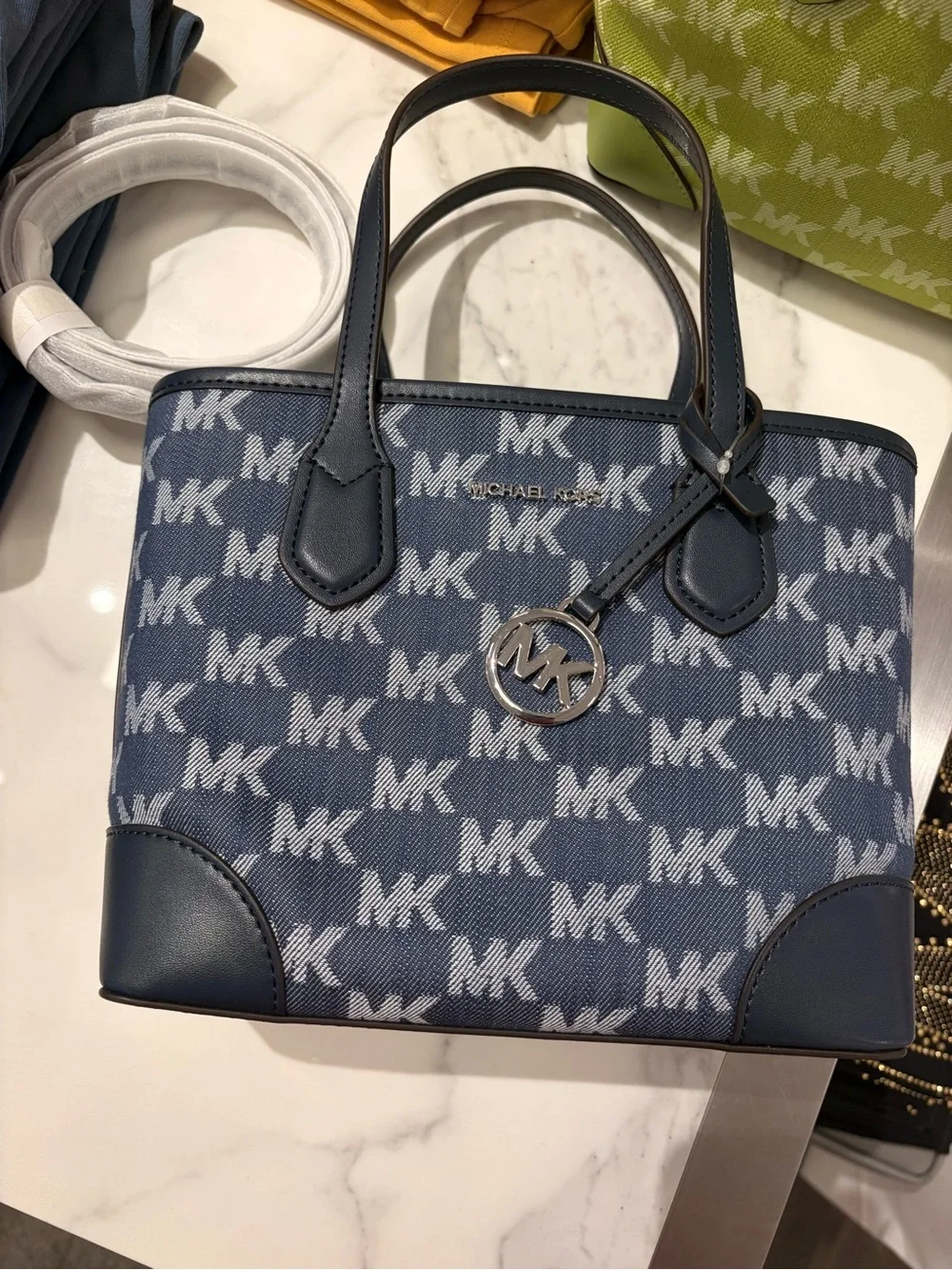 Michael Kors Eva crossbody blue Monogram MK Tote denim with strap new tag
